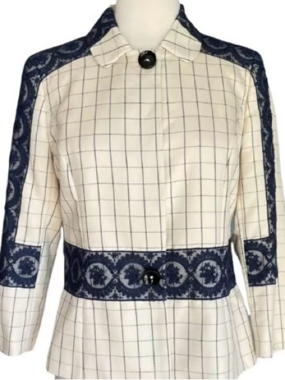 Carolina Herrera Windowpane Suit Set - Cream with Navy Lace Trim